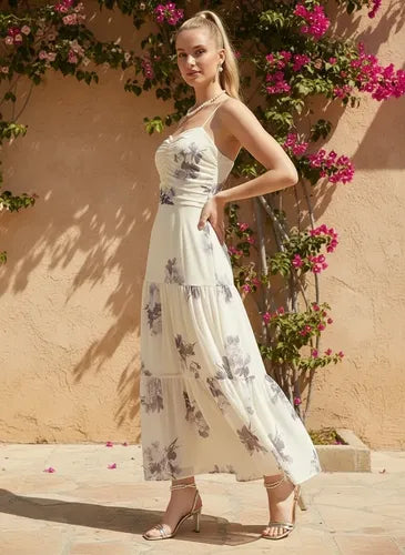 Vestido midi blanco gasa escote corazón
