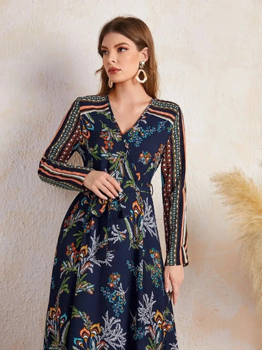 Vestido Largo Bohemio Estampado Escote Cruzado Vd 98
