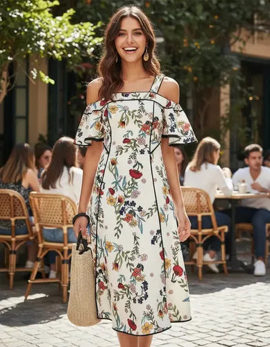 Vestido Floral Boho Hombros  Va 365 Blanco Xs