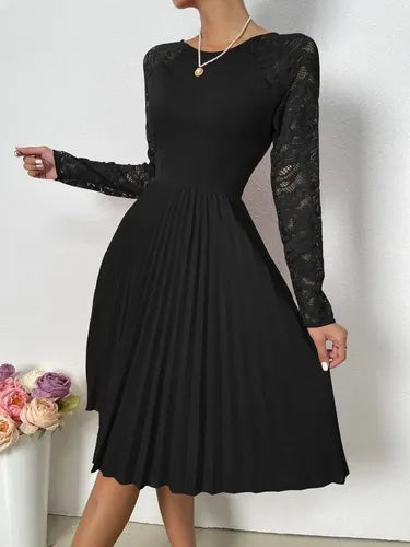 Vestido Plisado Cuello Redondo Manga De Encajes Va 499