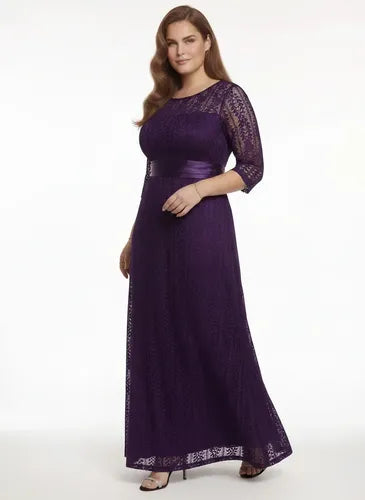 Vestido largo violeta de encaje manga larga