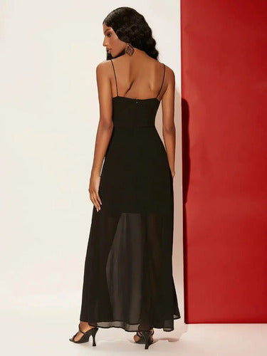 Vestido Fiesta Gasa Forrado Abertura Piernas Va 563 Negro S