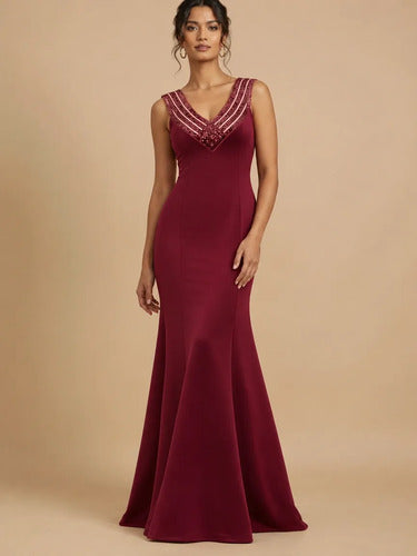 Vestido largo bordó corte sirena hombros descubiertos