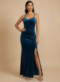 Vestido largo azul espalda abierta asimétrico