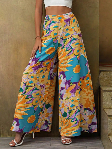 Pantalón Estampado Mujer Cintura Alta Pierna Ancha Pt 05