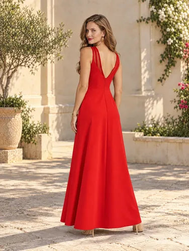 Vestido largo rojo evasé con escote V