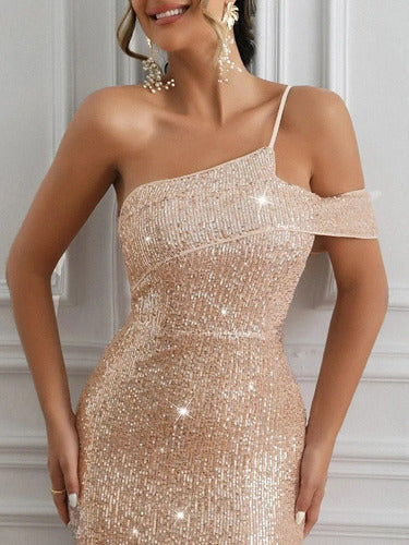 Vestido Fiesta Lentejuelas Ajustado Con Abertura Vl 47 Beige L