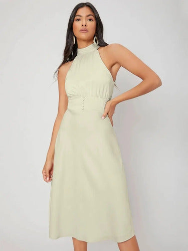 Elegante Vestido Cuello Halter Va 489 Beige S