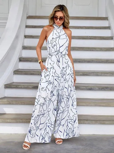 Entero Jumpsuit Mono Estampado Halter Fiesta Bolsillo El 198