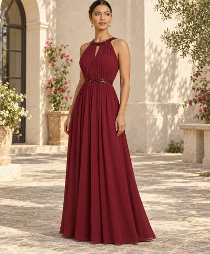 Vestido largo bordó halter de gasa