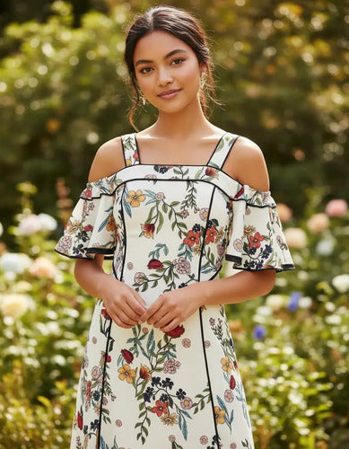 Vestido Floral Boho Hombros  Va 365 Blanco Xs