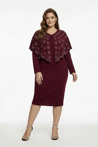 Vestido midi burdeo manga larga talla grande