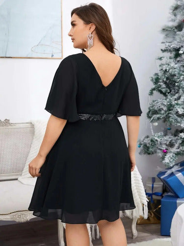 Vestido Fiesta Gasa Lentejuela Talla Grande Escote Vg 93