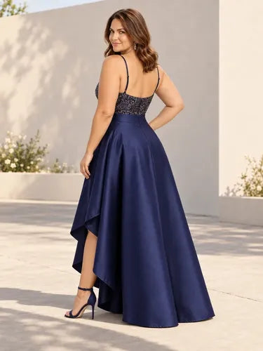 Vestido largo de fiesta azul en satín con lentejuelas