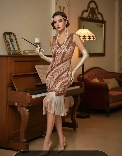 Vestido De Baile Retro Gatsby, Años 20 Charleston  Va 638 Rosa Dorado Xl