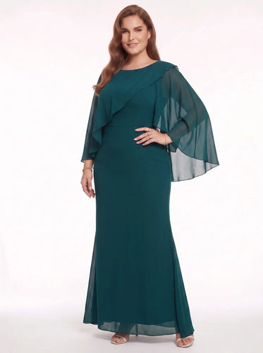Vestido largo evasé verde manga capa, talla grande