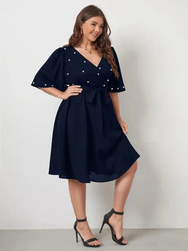 Vestido Fiesta Talla Grande Gasa Con Perlas Manga Vg 100