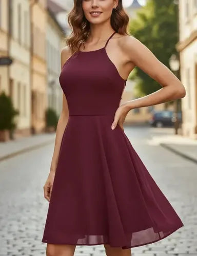 Vestido Corto Gasa Azul Y Burdeo Va 324