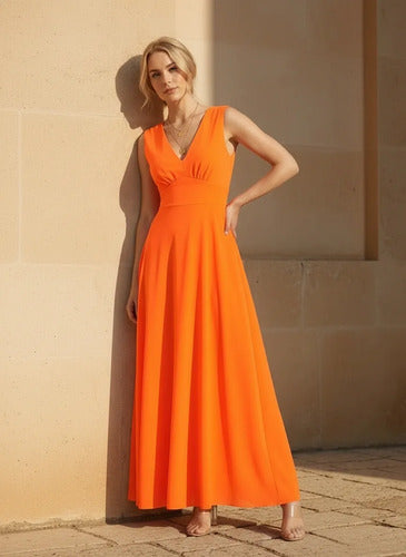 Vestido largo azul y naranja evasé escote V