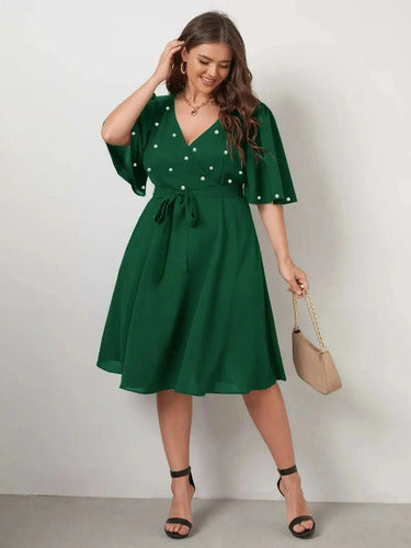Vestido Fiesta Talla Grande Gasa Con Perlas Manga Vg 100