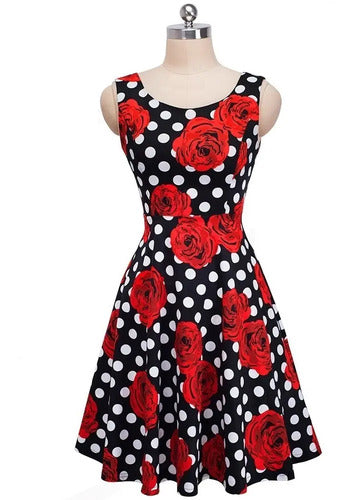 Vestido Vintage Pin Up Negro Flores Rojas Años 50  Va 419