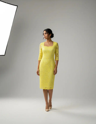 Vestido Encaje Manga 3/4 Amarillo Ve 23