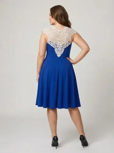Vestido corto azul evasé sin mangas escote V talla grande