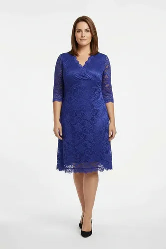 Vestido midi azul y negro encaje escote V evasé