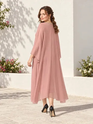 Vestido largo jacquard rosa con capa de gasa