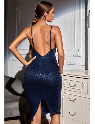 Vestido Fiesta Lentejuelas Tirantes Ajustables Azul  Vl 46