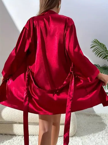 Camisón Y Bata Satín Lencería Set De Pijama Babydolls Pj 11 Burdeo M
