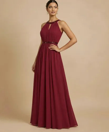 Vestido largo bordó halter de gasa