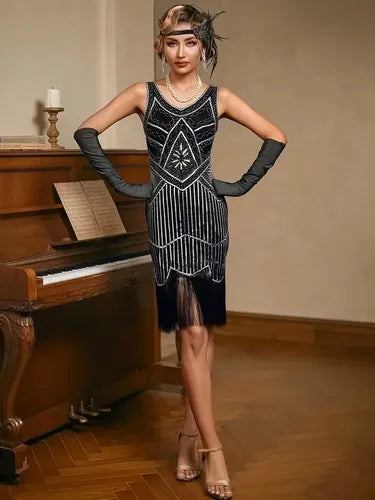 Vestido midi charlestón años 20 Gatsby con flecos