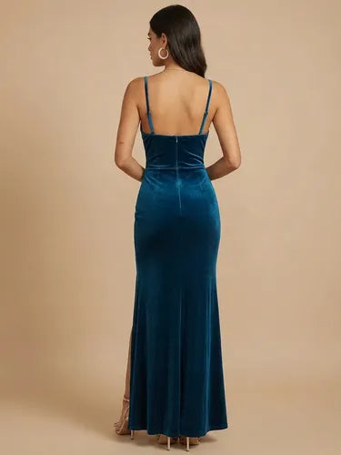 Vestido largo azul espalda abierta asimétrico