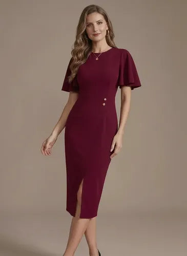 Vestido midi rojo gasa ajustado manga corta de gala