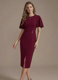 Vestido midi rojo gasa ajustado manga corta de gala