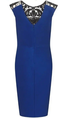 Vestido Azul Encaje Negro Formal Ajustado Va 552 Azul L