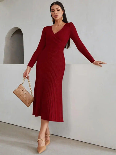 Vestido De Punto Cuello Cruzado Jersey Canalé Vt 01