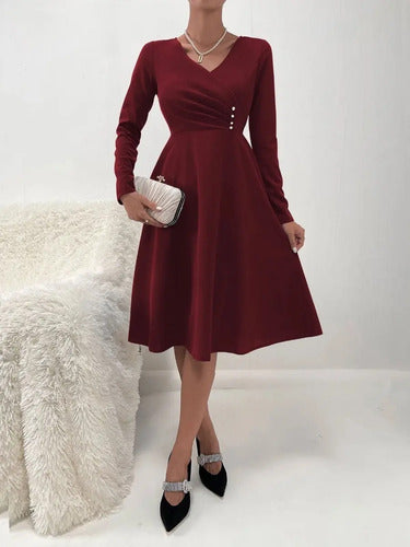 Vestido Vintage Línea A  Cuello Cruzado Manga Larga Va 481