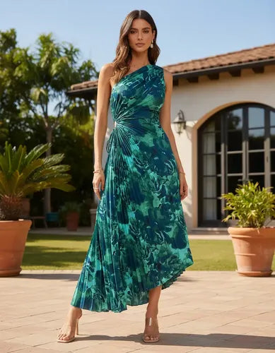 Vestido Plisado Escote Cruzado Sin Mangas Va 516