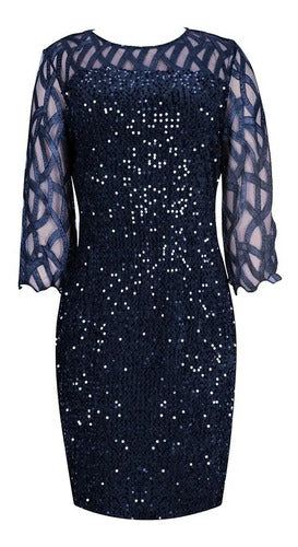 Vestido Fiesta Lentejuela Talla Grande Azul Negro Vg 78