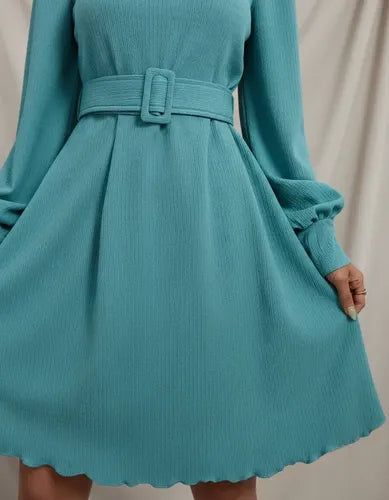 Vestido Con Cinturón Manga Larga Vintage Va 519 Turquesa M