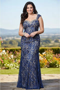 Vestido Fiesta Talla Grande Azul Encaje Vg 77