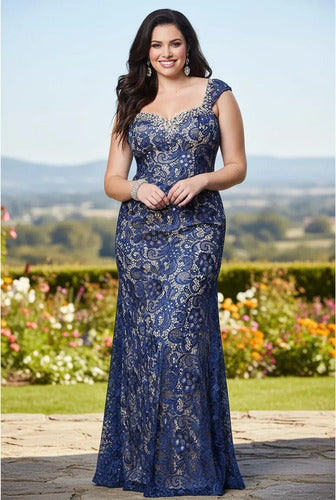 Vestido Fiesta Talla Grande Azul Encaje Vg 77