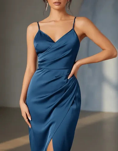 Vestido Fiesta Mujer Drapeado Abertura Alta Va 621
