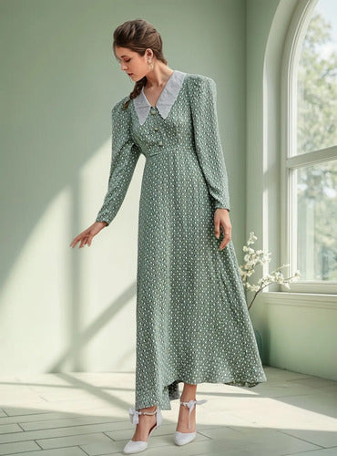 Vestido Largo Estampado Romántico Manga Larga Va 570 Verde L