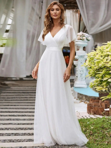 Vestido Largo Fiesta Novia Blanco Mangas Tul