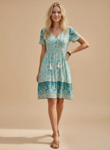 Vestido corto bohemio verde multicolor escote V línea A