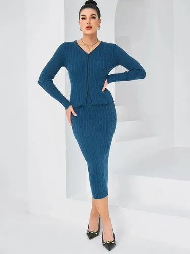 Conjunto 2 Piezas Falda Tejida Canalé Cárdigan  Vt 09 Azul L