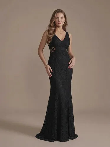 Vestido largo negro de encaje corte sirena